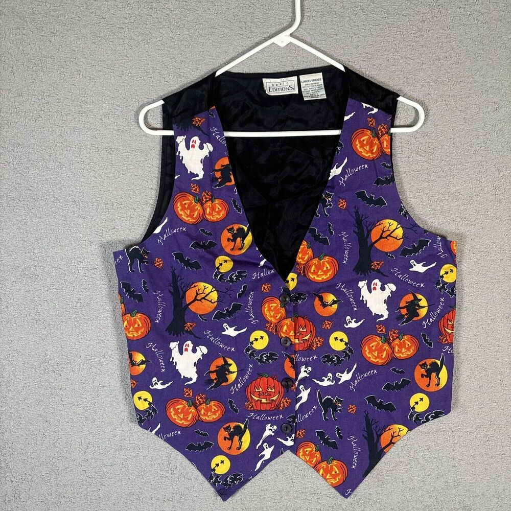 VNTG Basic Editions Halloween Vest Women's Size Large Purple Pumpkin Bat Cat AOP